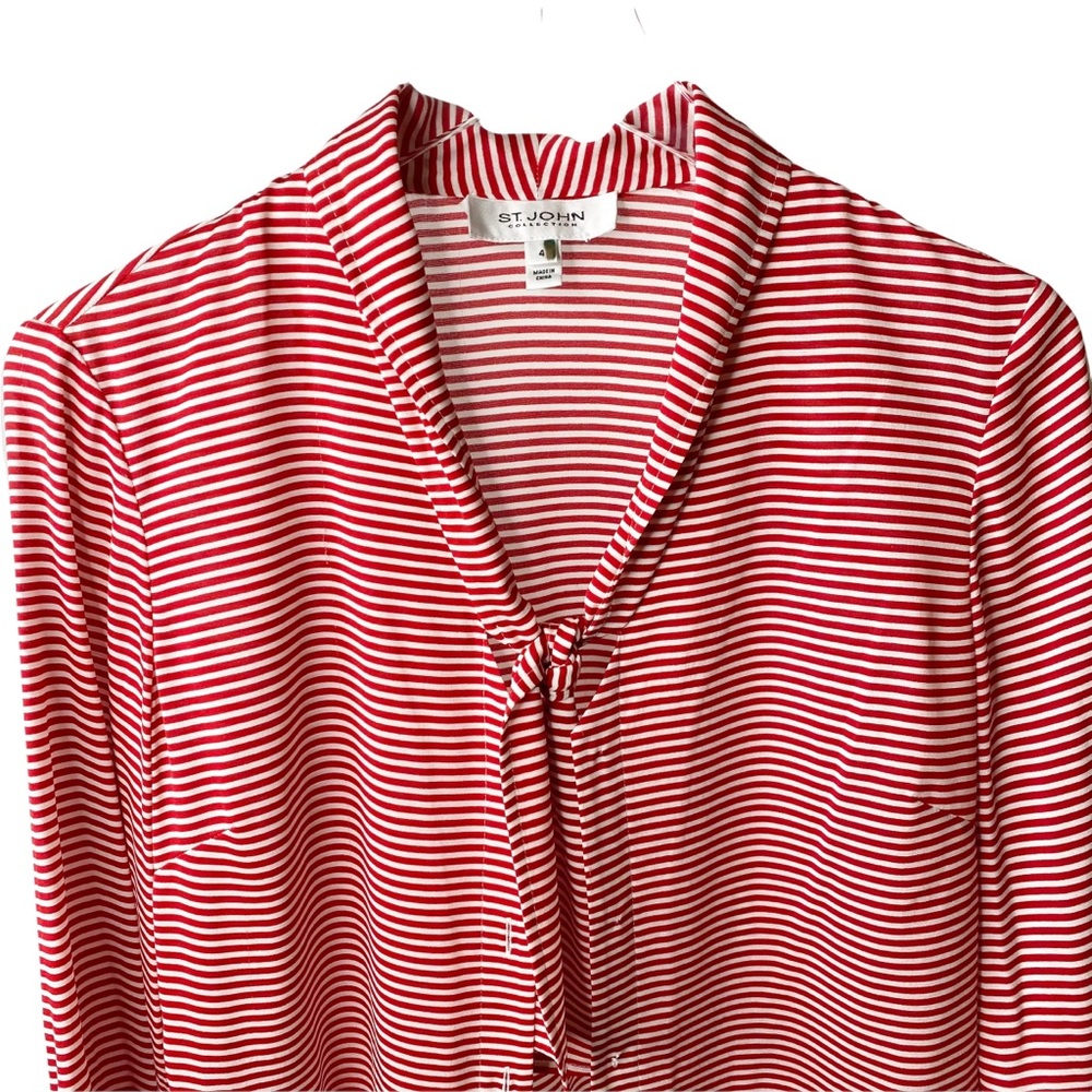 St. John Collection Red White Striped Parisian French Button Down Silk Blouse 4 - Picture 2 of 8